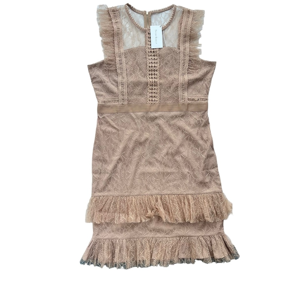 Trish Scully Women’s Size 8 Tan Beige Lace Ruffled Tulle Fitted Sheer Midi Dress